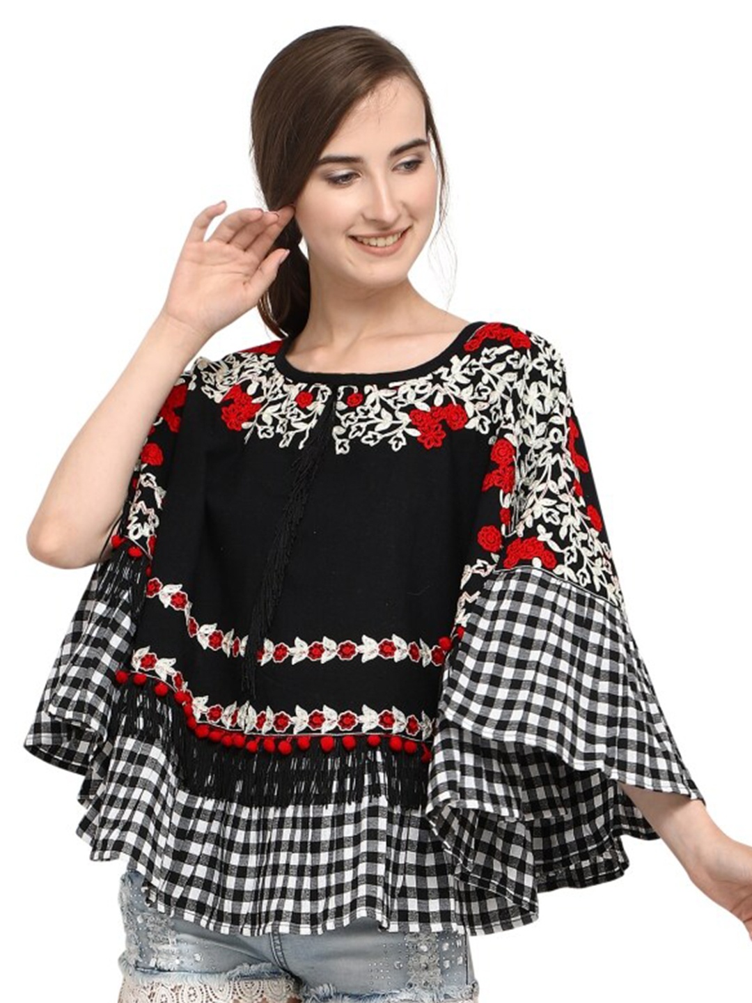

MESMORA FASHION Women Black & White Floral Cotton Poncho