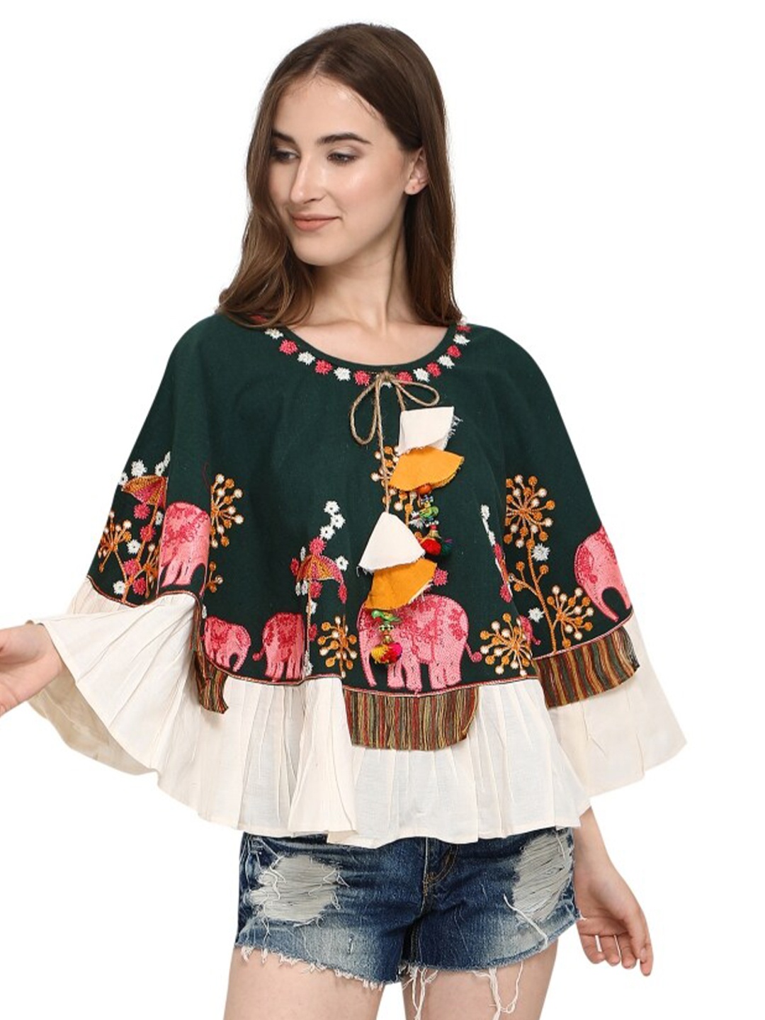 

MESMORA FASHION Women Green & Red Embroidered Cotton Poncho