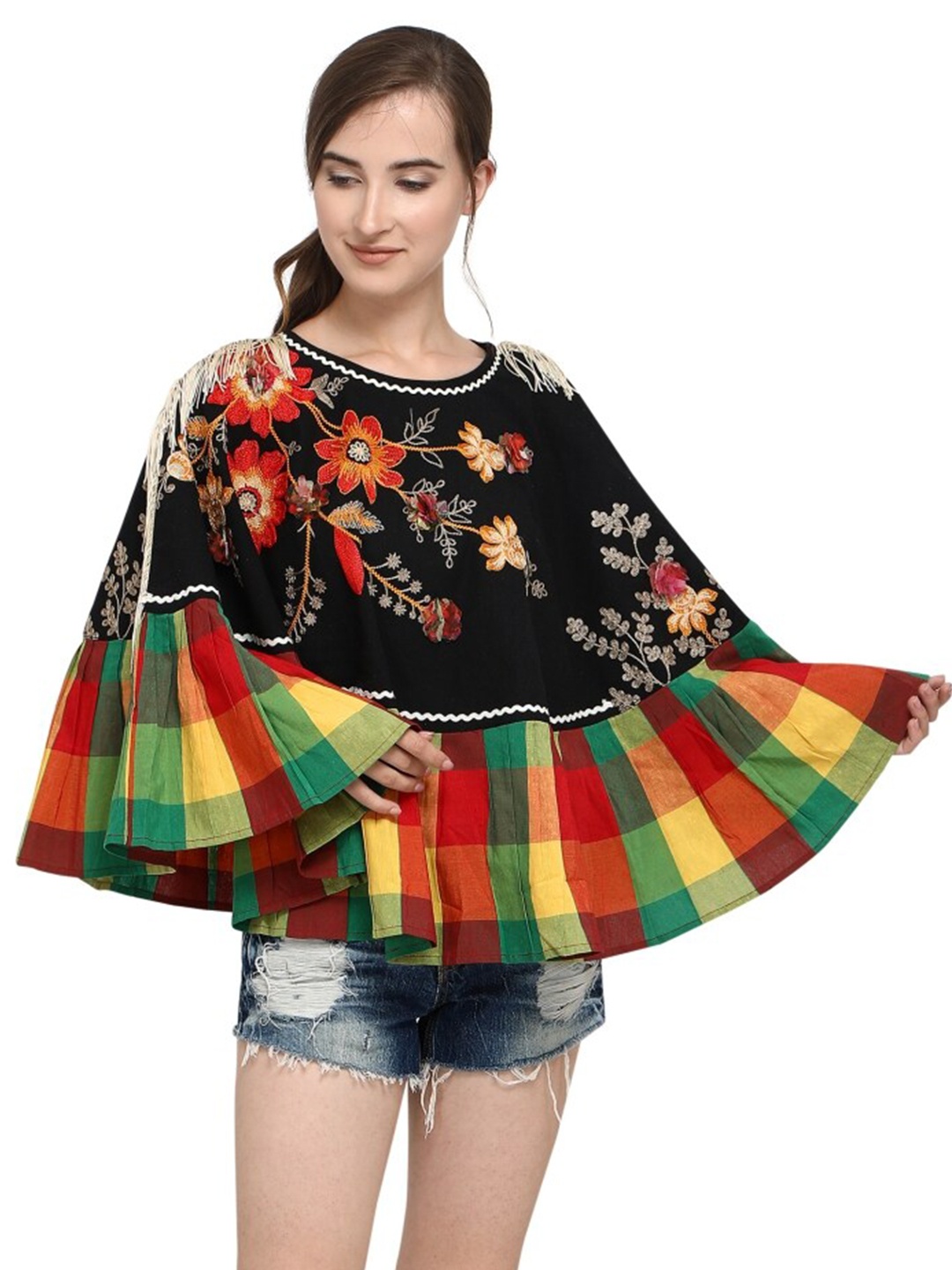 

MESMORA FASHION Women Black & Red Floral Cotton Poncho