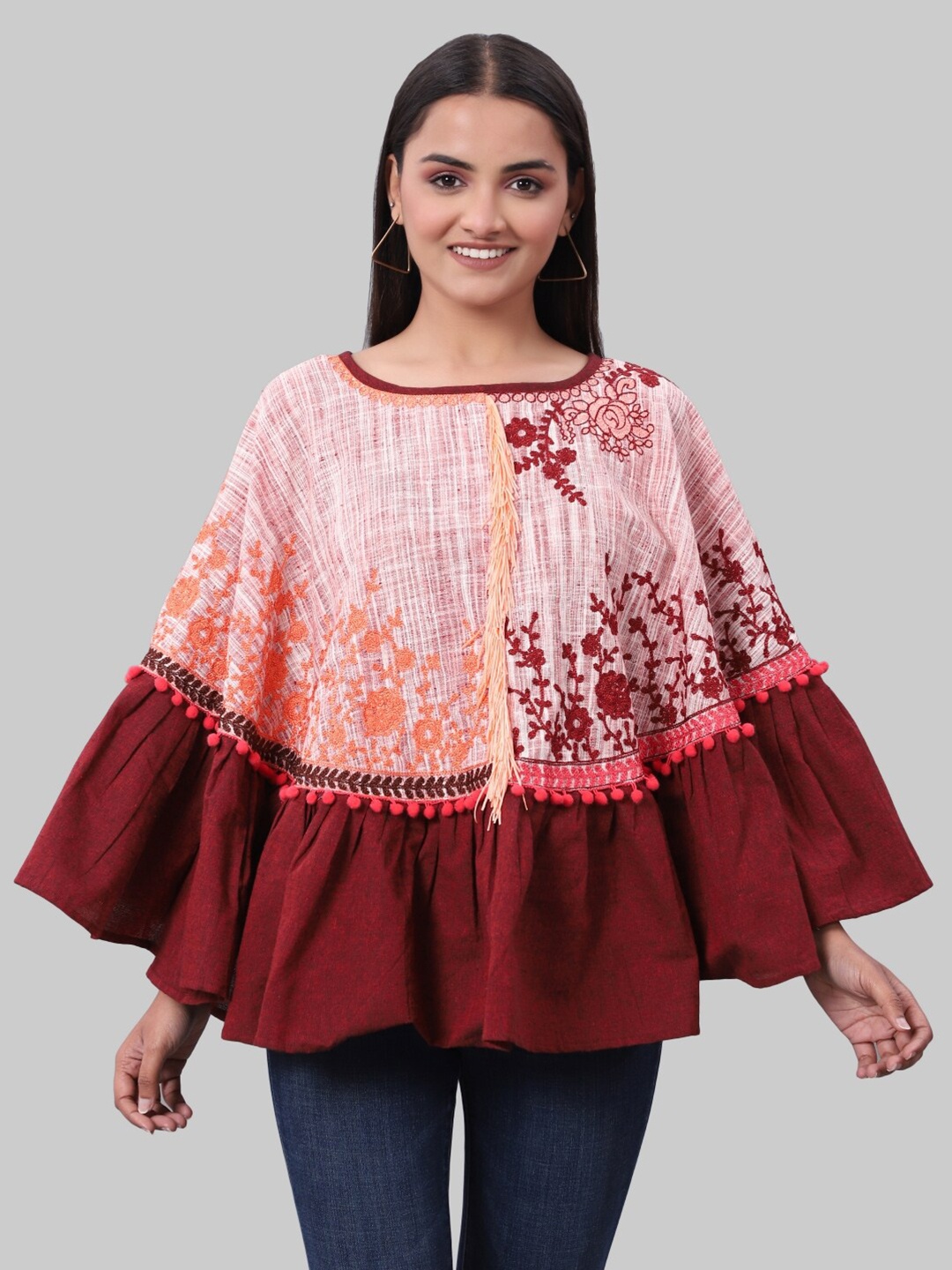 

MESMORA FASHION Women Maroon & Pink Floral Cotton Poncho