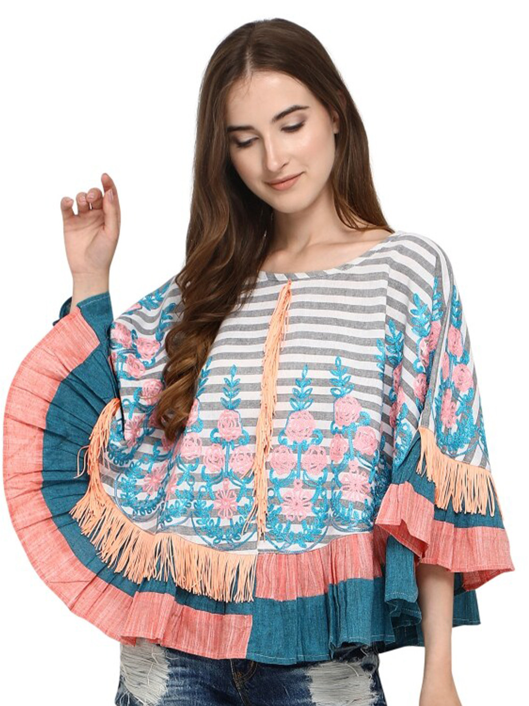 

MESMORA FASHION Women White & Grey Floral Cotton Poncho