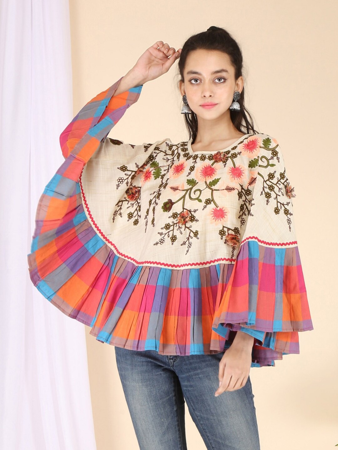 

MESMORA FASHION Women Off White & Blue Floral Cotton Poncho