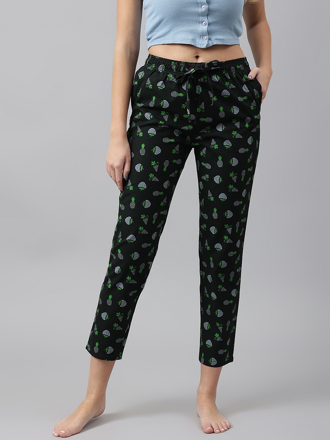 

FLAMBOYANT Women Green & White Printed Cotton Lounge Pants