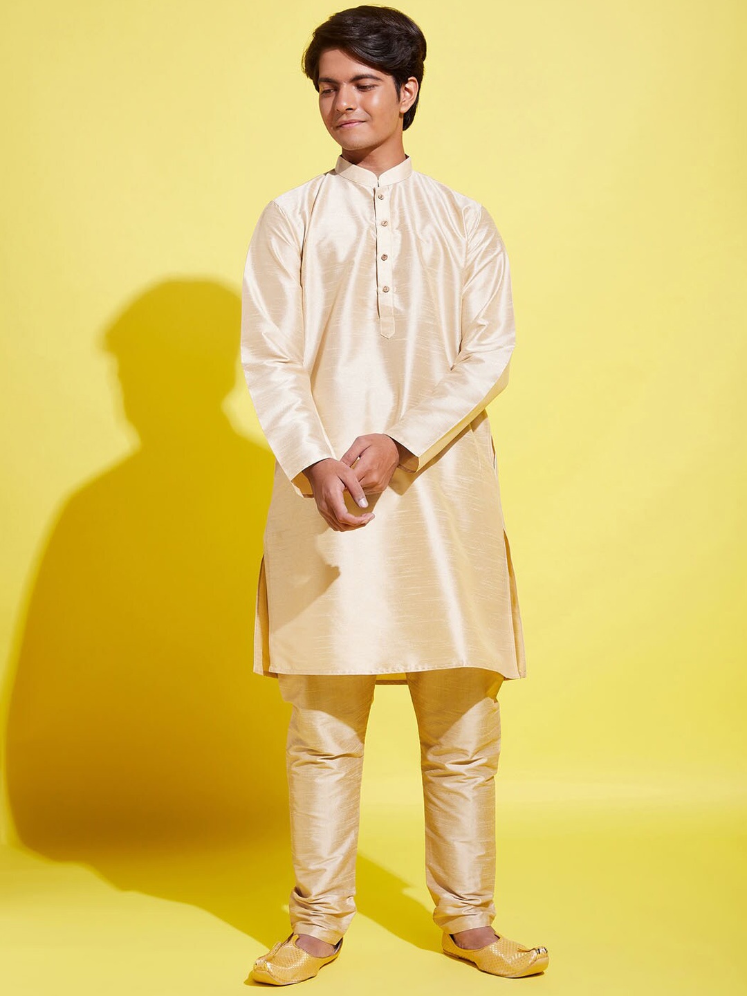 

VASTRAMAY Boys Gold Toned Solid Kurta with Pyjama