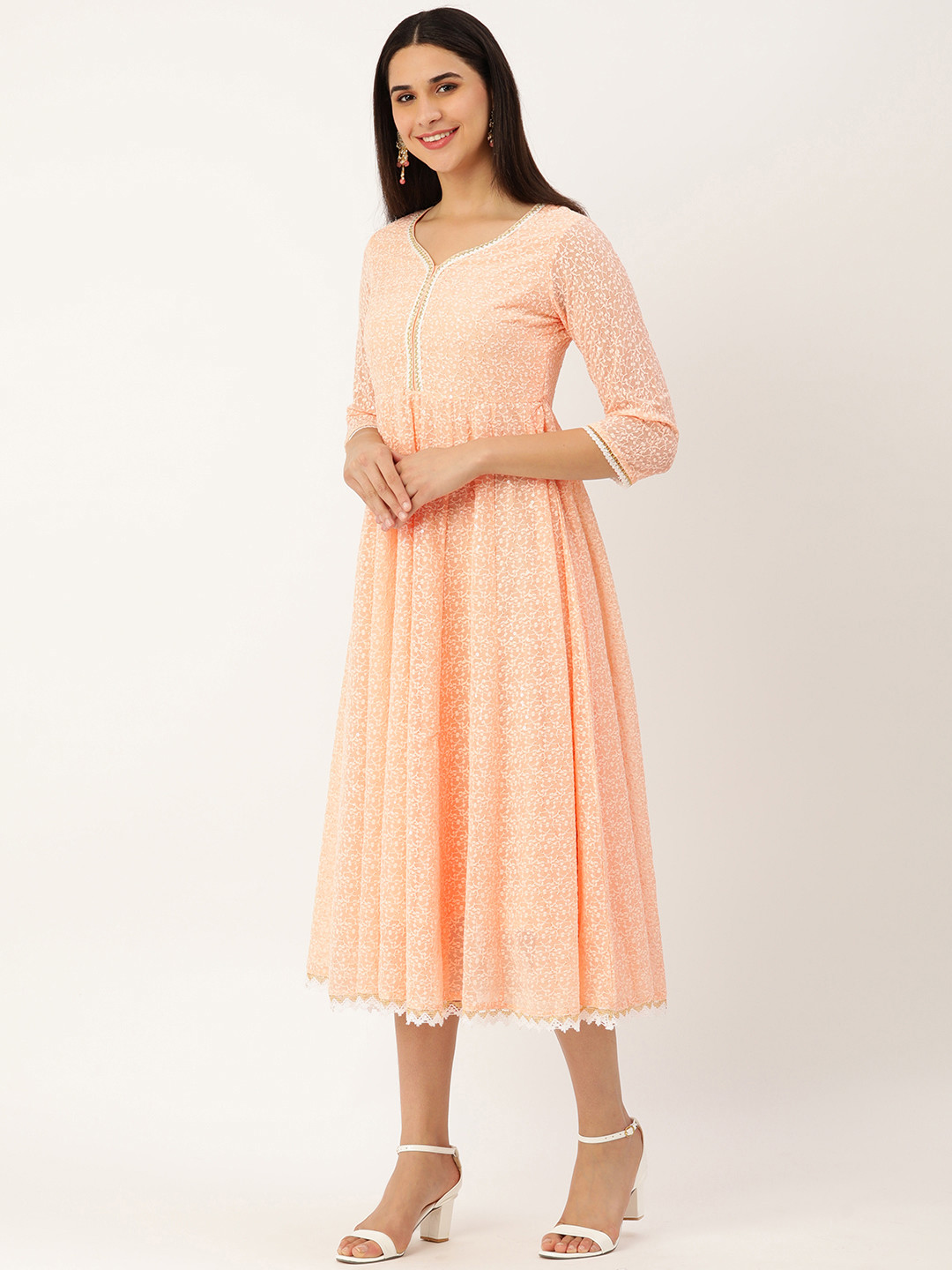 

SWAGG INDIA Peach-Coloured & White Chikankari Georgette Ethnic A-Line Midi Dress