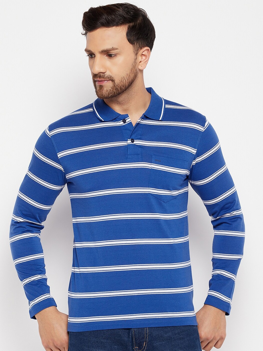 

Okane Men Blue & White Striped Polo Collar Cotton T-shirt