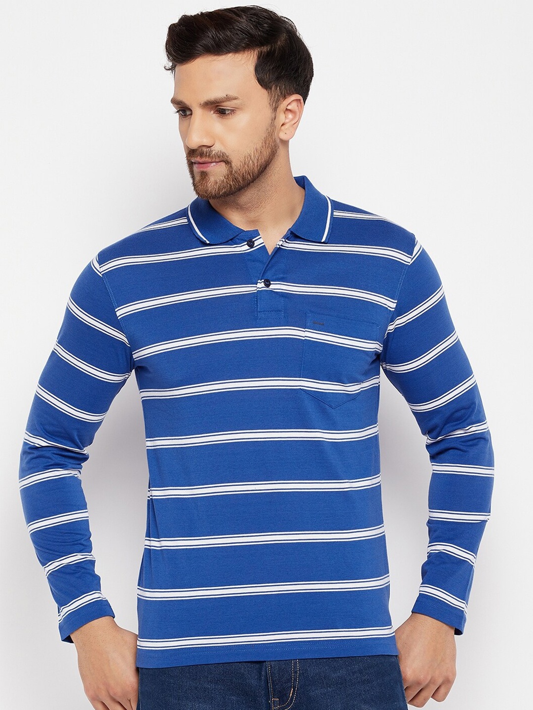 

Okane Men Blue Striped Polo Collar Cotton T-shirt