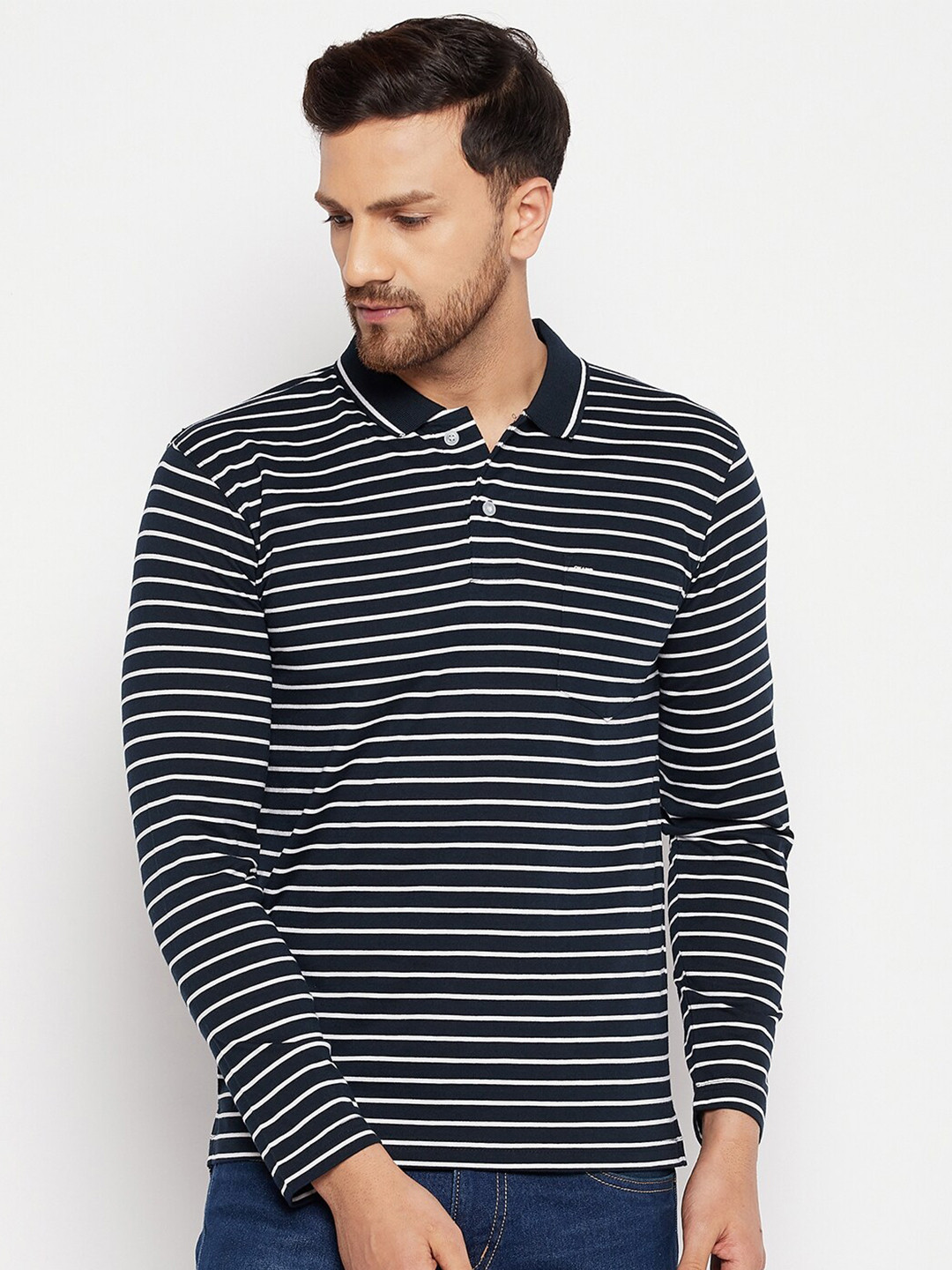 

Okane Men Navy Blue Striped Polo Collar Cotton T-shirt