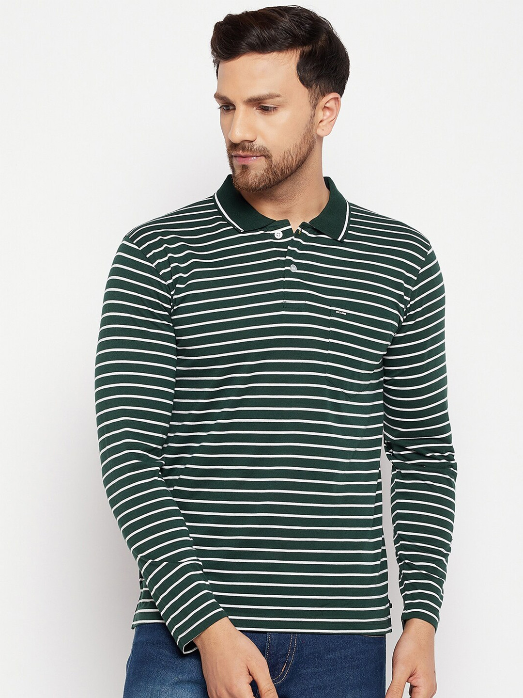 

Okane Men Olive Green & White Striped Polo Collar T-shirt