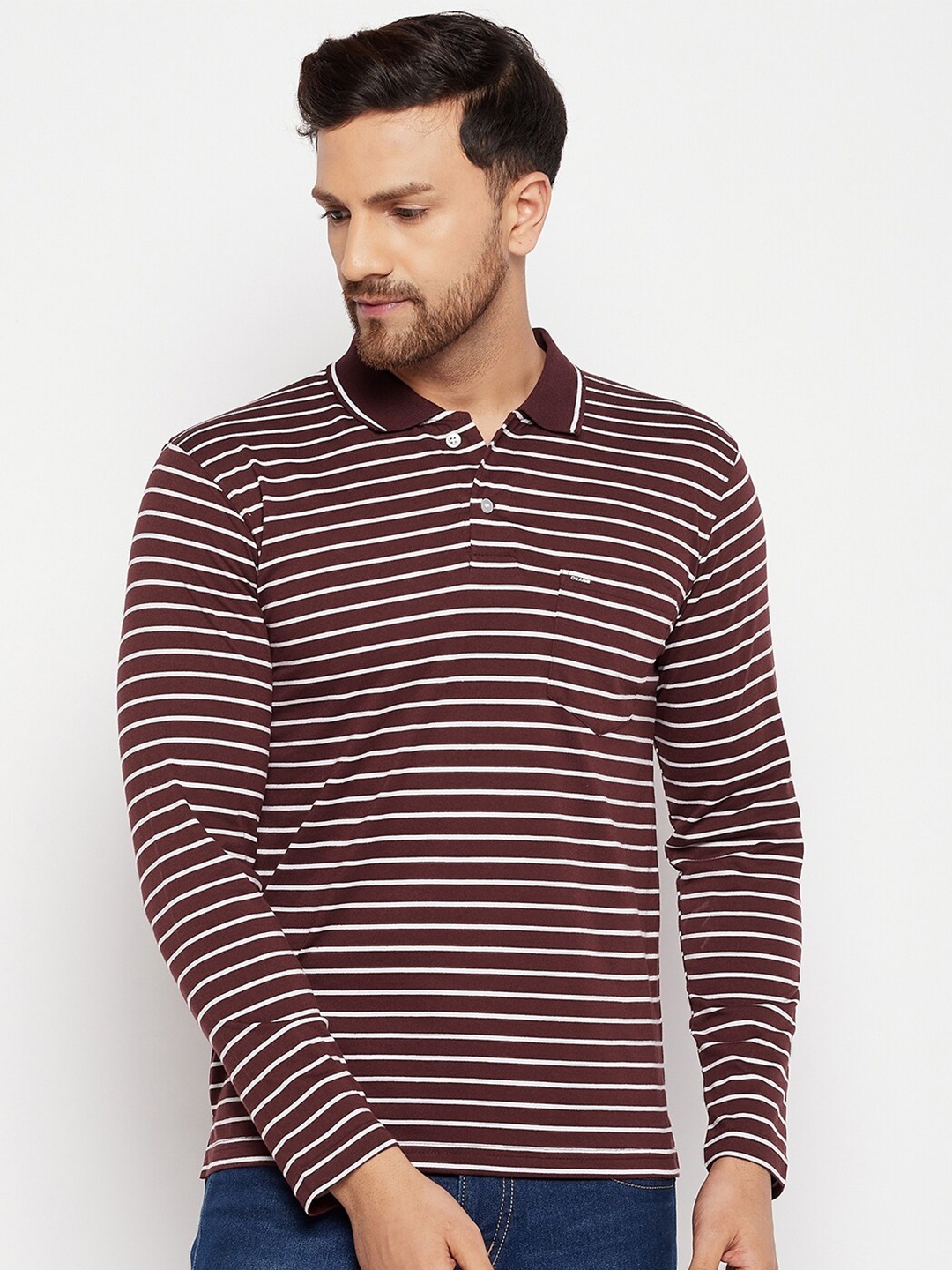 

Okane Men Burgundy & Off White Striped Polo Collar T-shirt