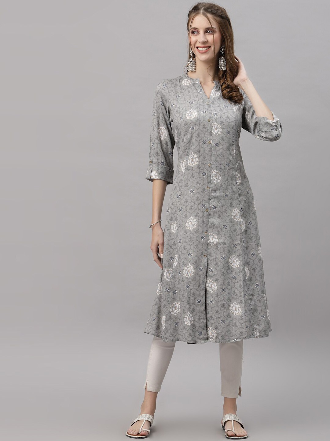 

Ragavi Women Grey Ethnic Motifs Printed A-Line Kurta