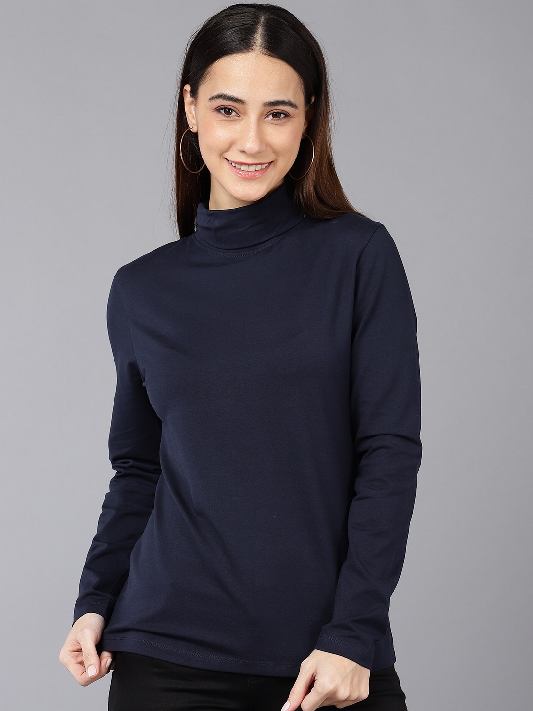 

SHARKTRIBE Women Navy Blue Solid High Neck Slim Fit T-shirt
