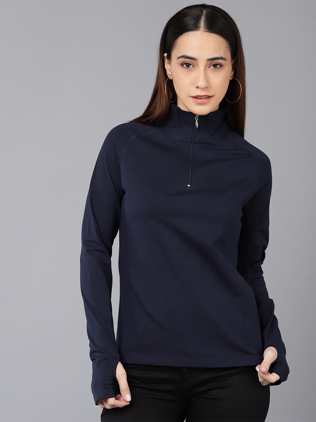 

SHARKTRIBE Women Navy Blue High Neck Slim Fit Cotton T-shirt