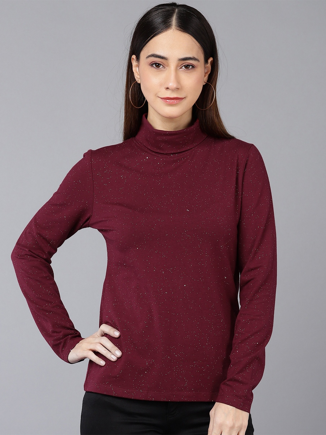 

SHARKTRIBE Women Maroon Printed High Neck Slim Fit Cotton T-shirt