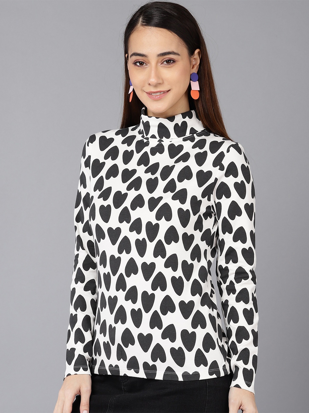 

SHARKTRIBE Women White Printed High Neck Monochrome Slim Fit Cotton T-shirt
