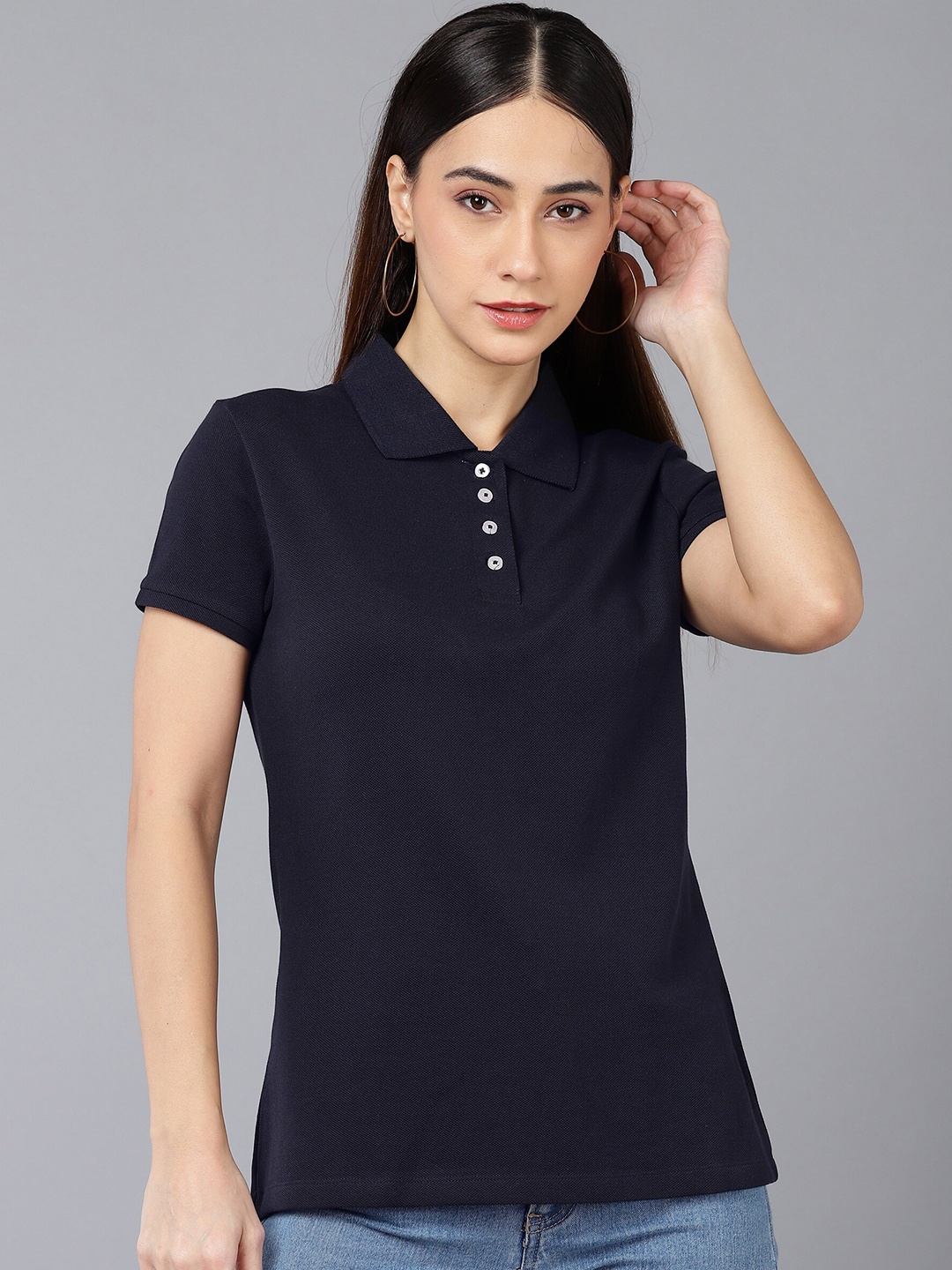 

SHARKTRIBE Women Navy Blue Polo Collar Slim Fit Cotton T-shirt