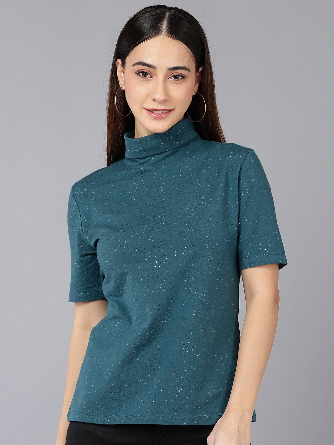 

SHARKTRIBE Women Teal Printed High Neck Slim Fit Cotton T-shirt