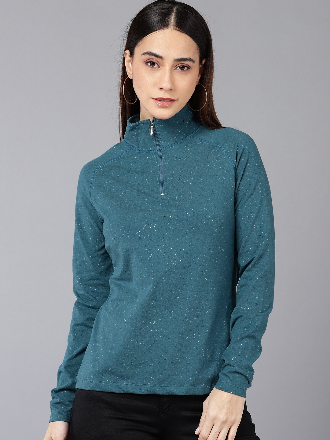 

SHARKTRIBE Women Teal Printed High Neck Slim Fit Cotton T-shirt