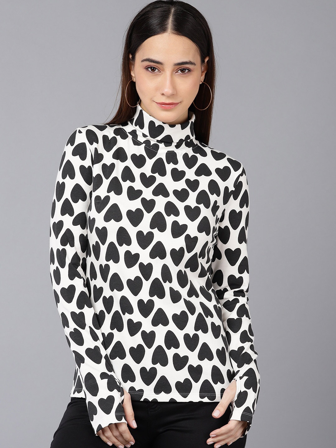 

SHARKTRIBE Women White & Black Printed High Neck Monochrome Slim Fit Cotton T-shirt
