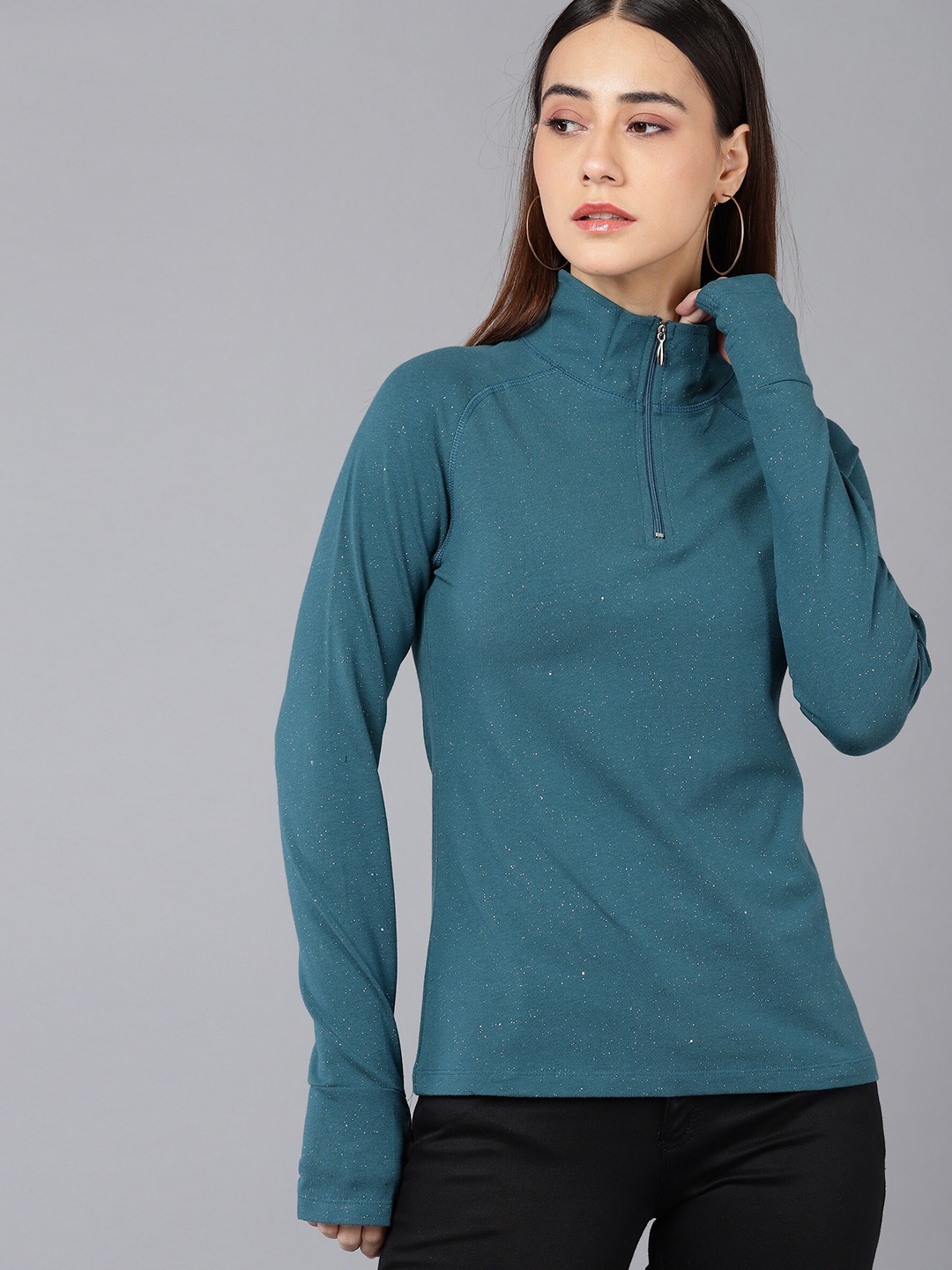 

SHARKTRIBE Women Teal High Neck Slim Fit Cotton T-shirt