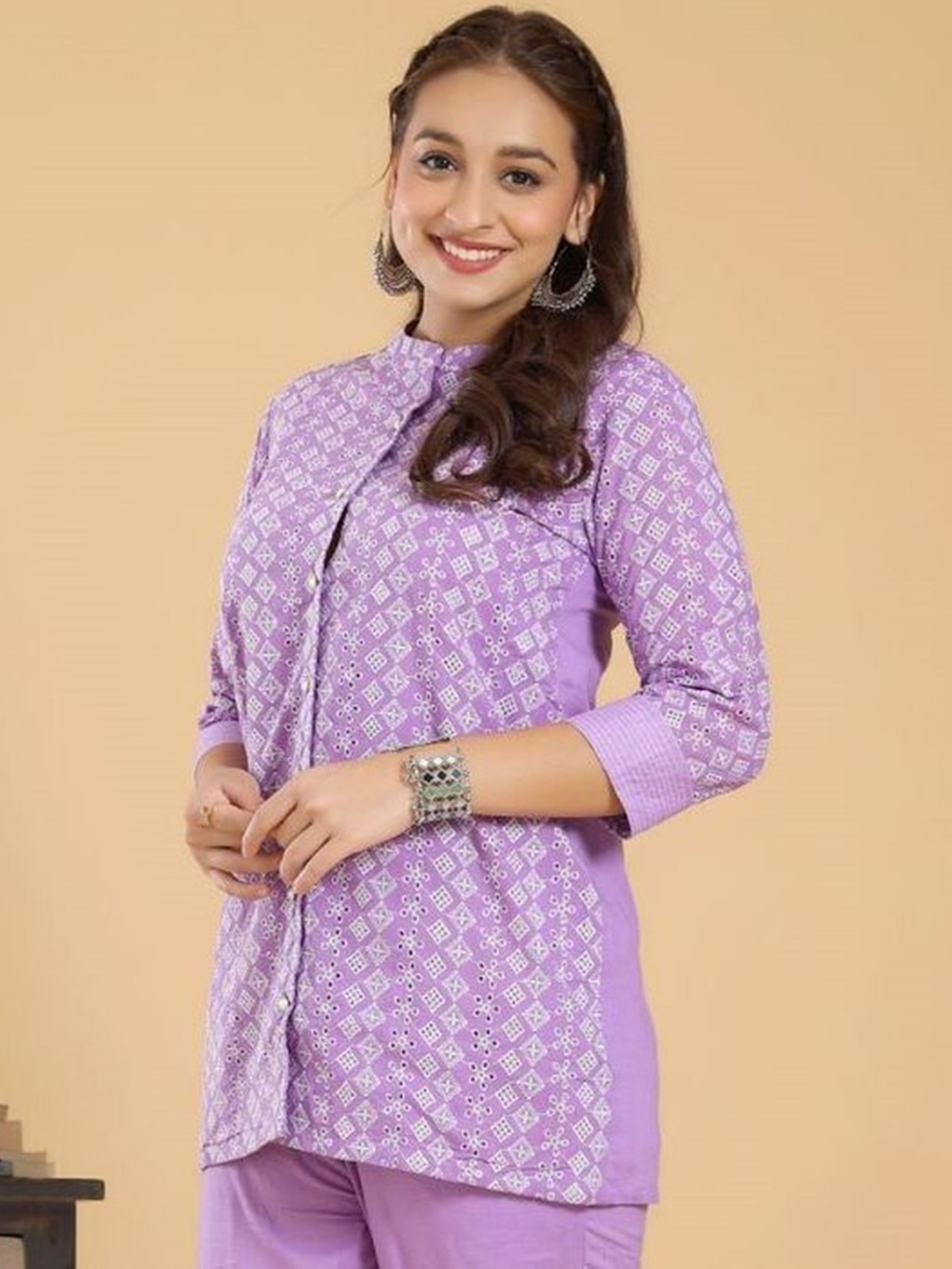 

AUTUMN LANE Women Lavender Floral Pure Cotton Top with Trousers