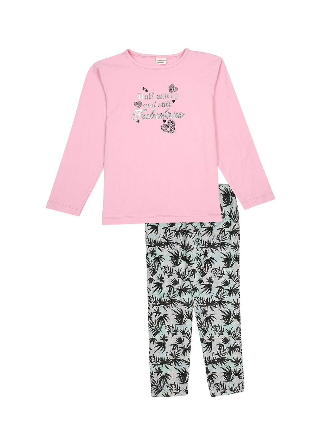 

RAINE AND JAINE Girls Pink & Grey Printed Pure Cotton Night suit