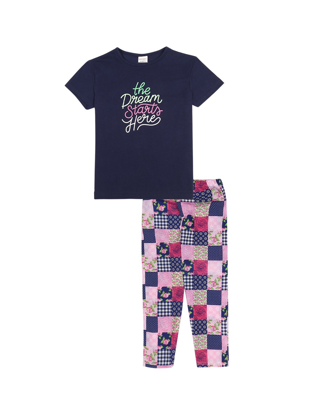 

RAINE AND JAINE Girls Navy Blue & Pink Printed Pure Cotton Night suit