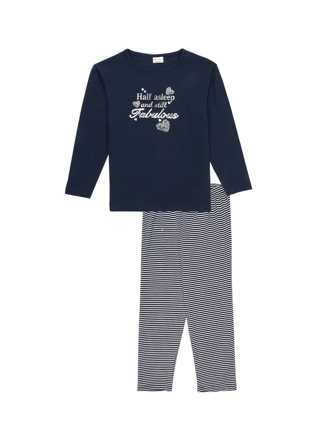 

RAINE AND JAINE Girls Navy Blue & White Printed Pure Cotton Night suit