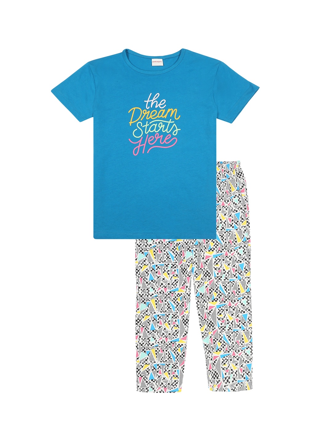 

RAINE AND JAINE Girls Blue & Grey Printed Pure Cotton Night suit