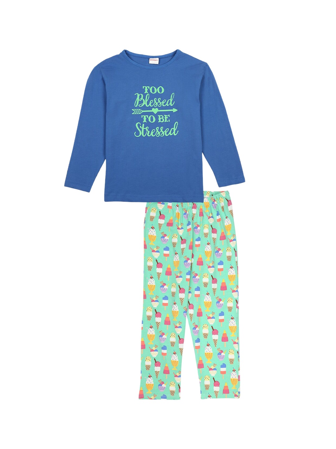 

RAINE AND JAINE Girls Blue & Green Printed Pure Cotton Night suit