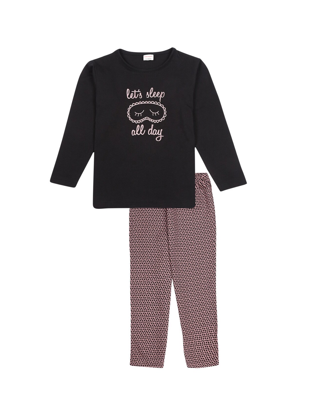 

RAINE AND JAINE Girls Black & Peach-Coloured Printed Pure Cotton Night suit