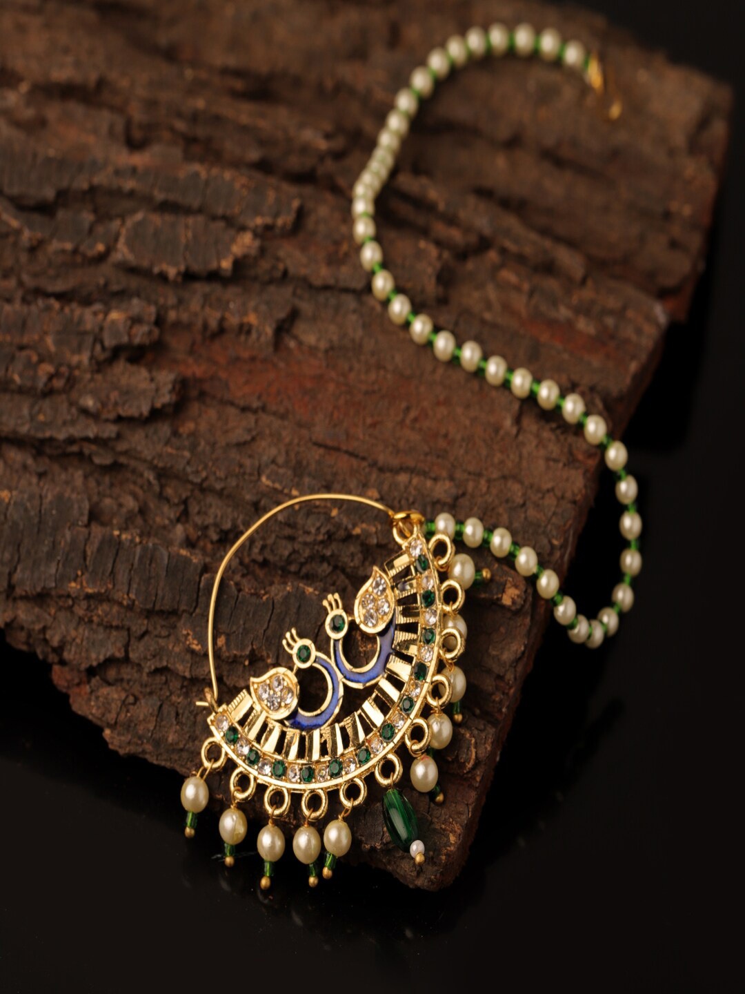 

Sanjog Gold-Plated Off White & Green Stone Studded & Beaded Chained Bridal Nose Ring