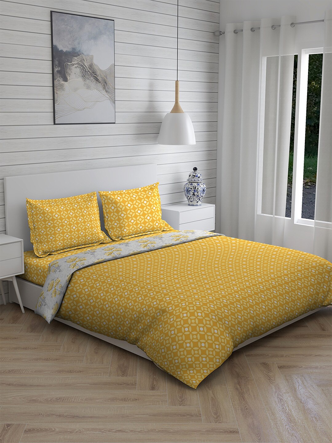 

Layers Yellow Set Of 4 Tropical Printed Pure Cotton 146 TC Double Bedsheet