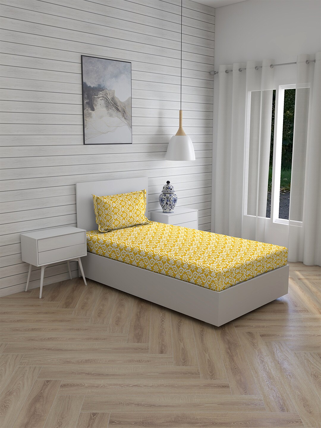 

Layers Yellow & White Ethnic Motifs 110 TC Single Bedsheet With 1 Pillow Covers