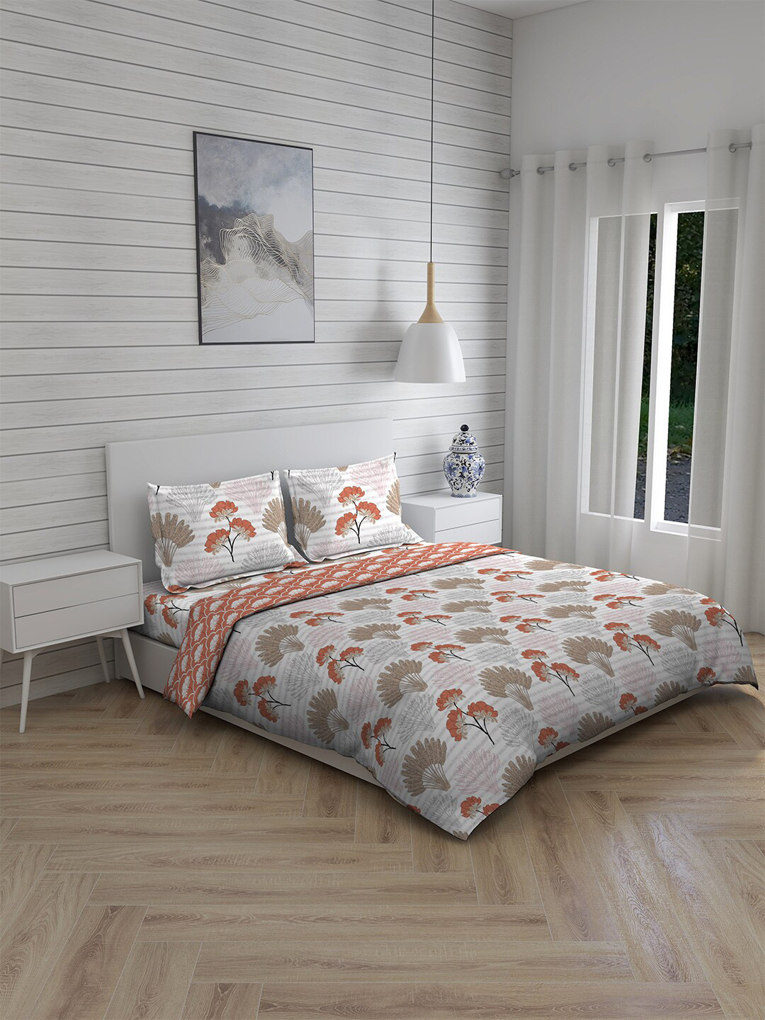 

Layers White & Beige Printed Pure Cotton 146 TC Double King Bedding Set With Comforter