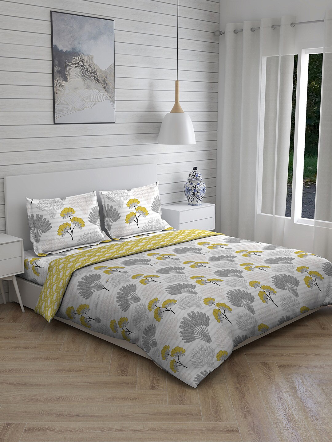

Layers White & Yellow Printed 146 TC Pure Cotton Double King Bedding Set With Comforter