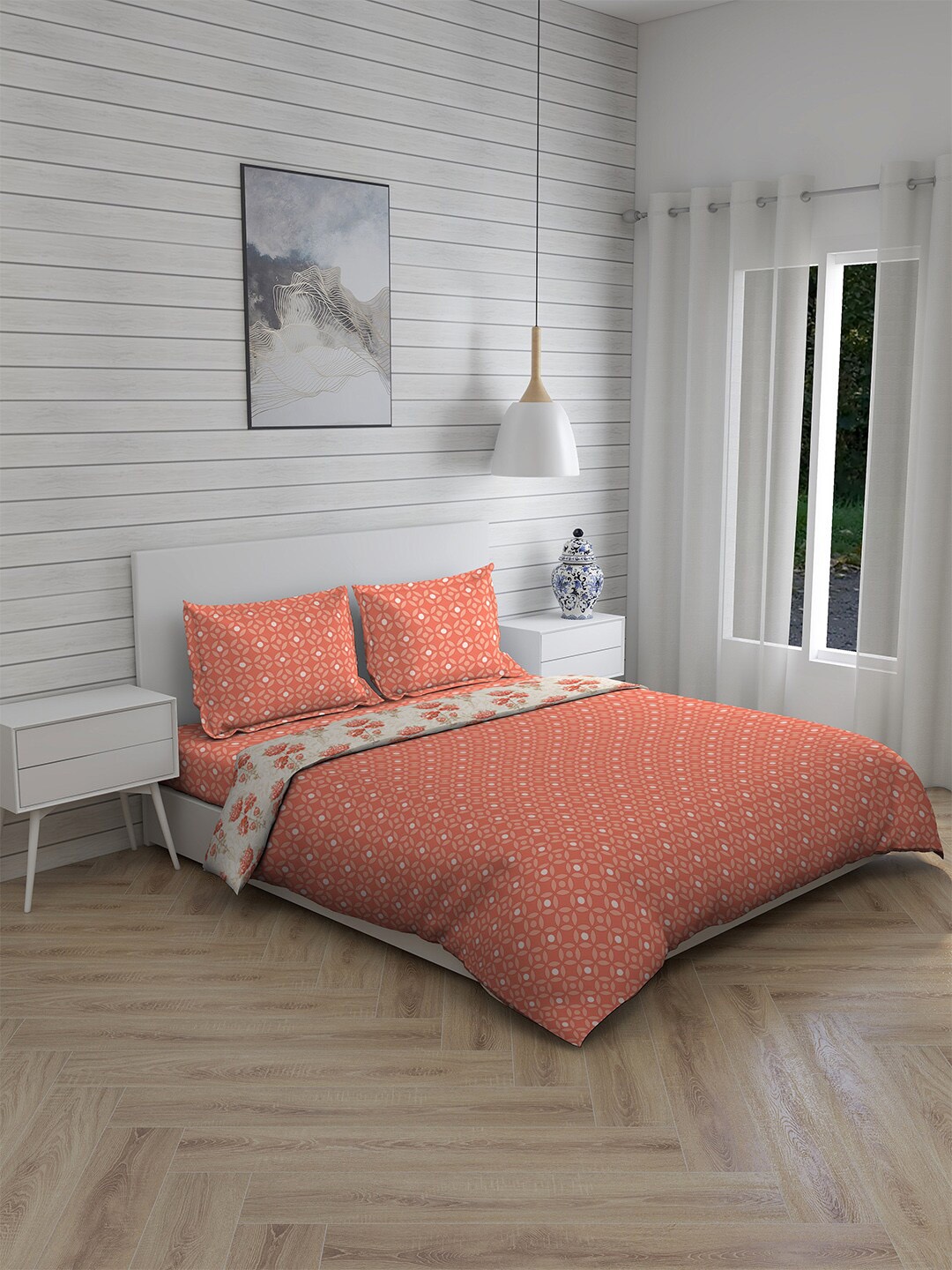 

Layers Orange Printed Pure Cotton Double King 4-Piece Bedding Set With Comforter