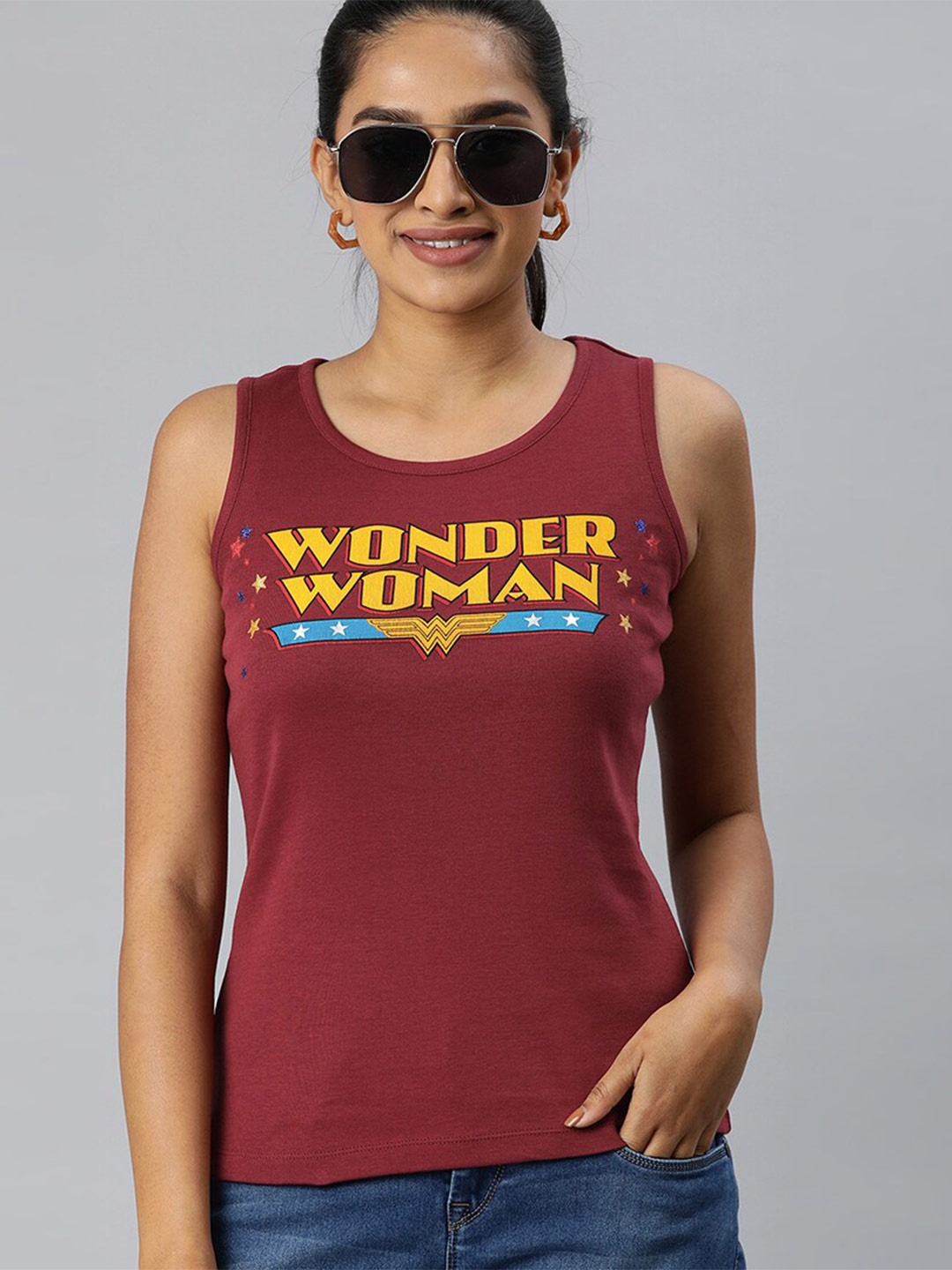 

Kook N Keech Wonder Woman Maroon Print Pure Cotton Tank Top