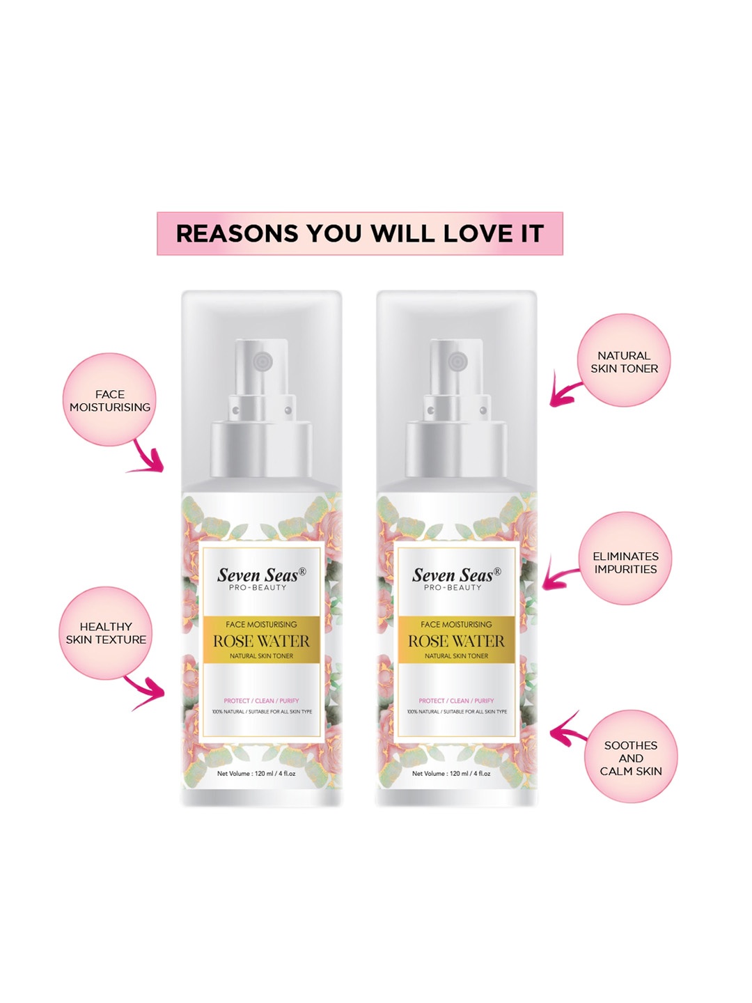

Seven Seas Set Of 2 Face Moisturising Rose Water 120ml, Transparent
