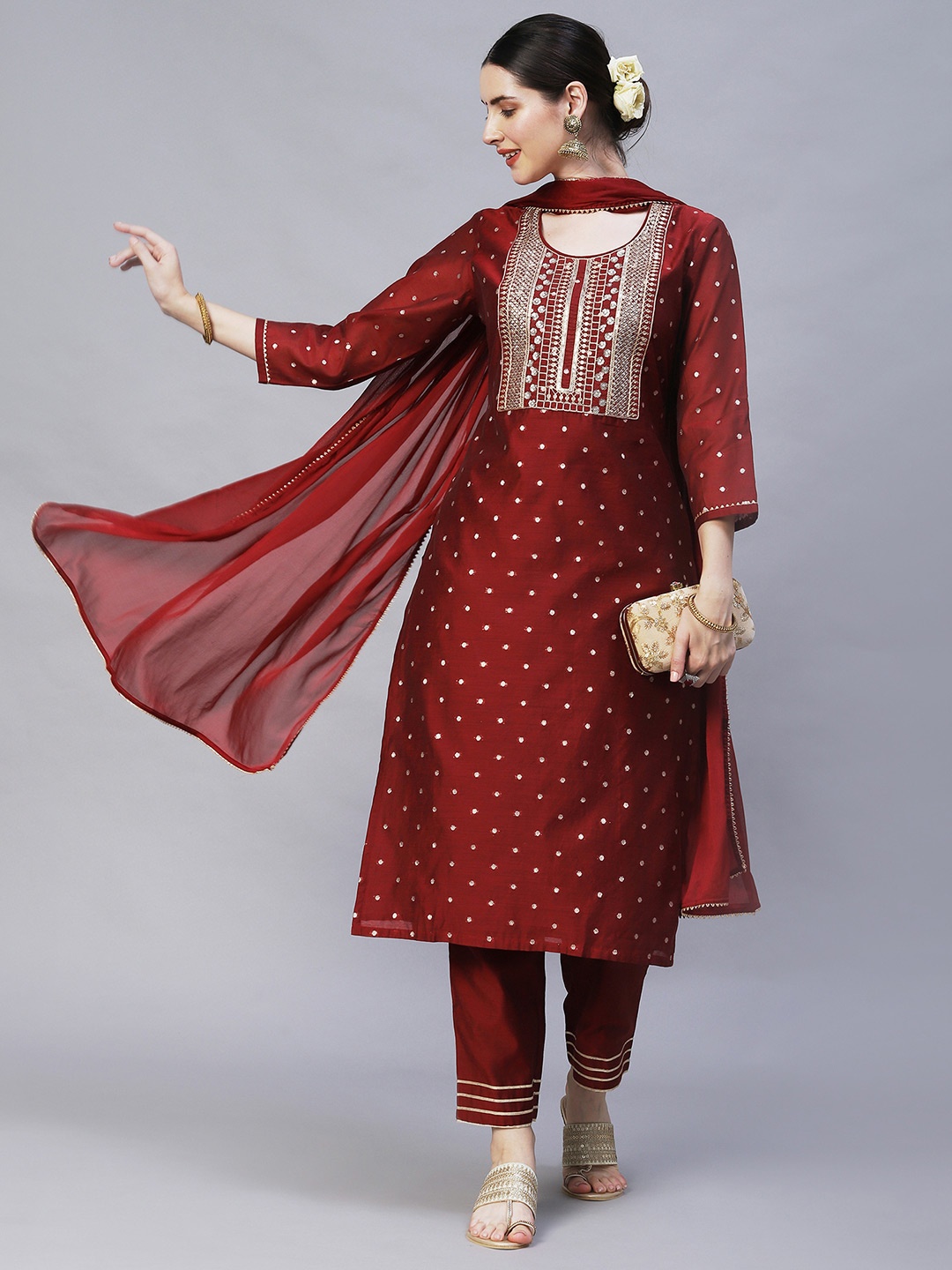 

Ishin Women Maroon Yoke Design Sequined Kurta with Trouser & Dupatta