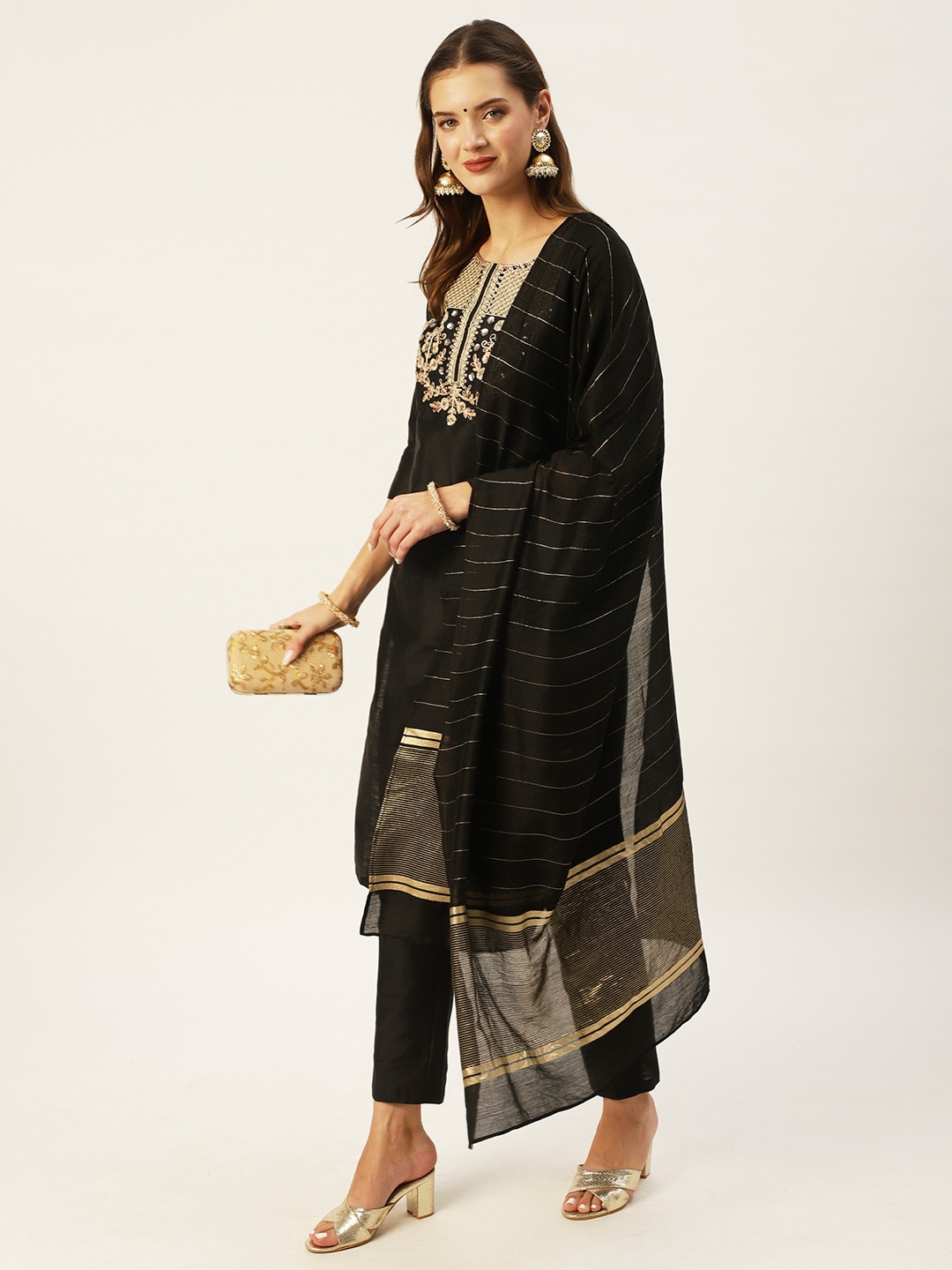 

Ishin Women Black Floral Yoke Design Sequinned Kurta with Trousers & With Dupatta