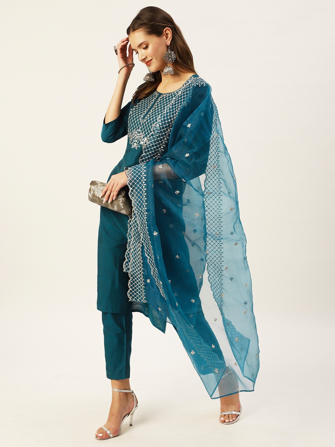 

Ishin Women Teal Blue Ethnic Motifs Embroidered Kurta with Trousers & With Dupatta