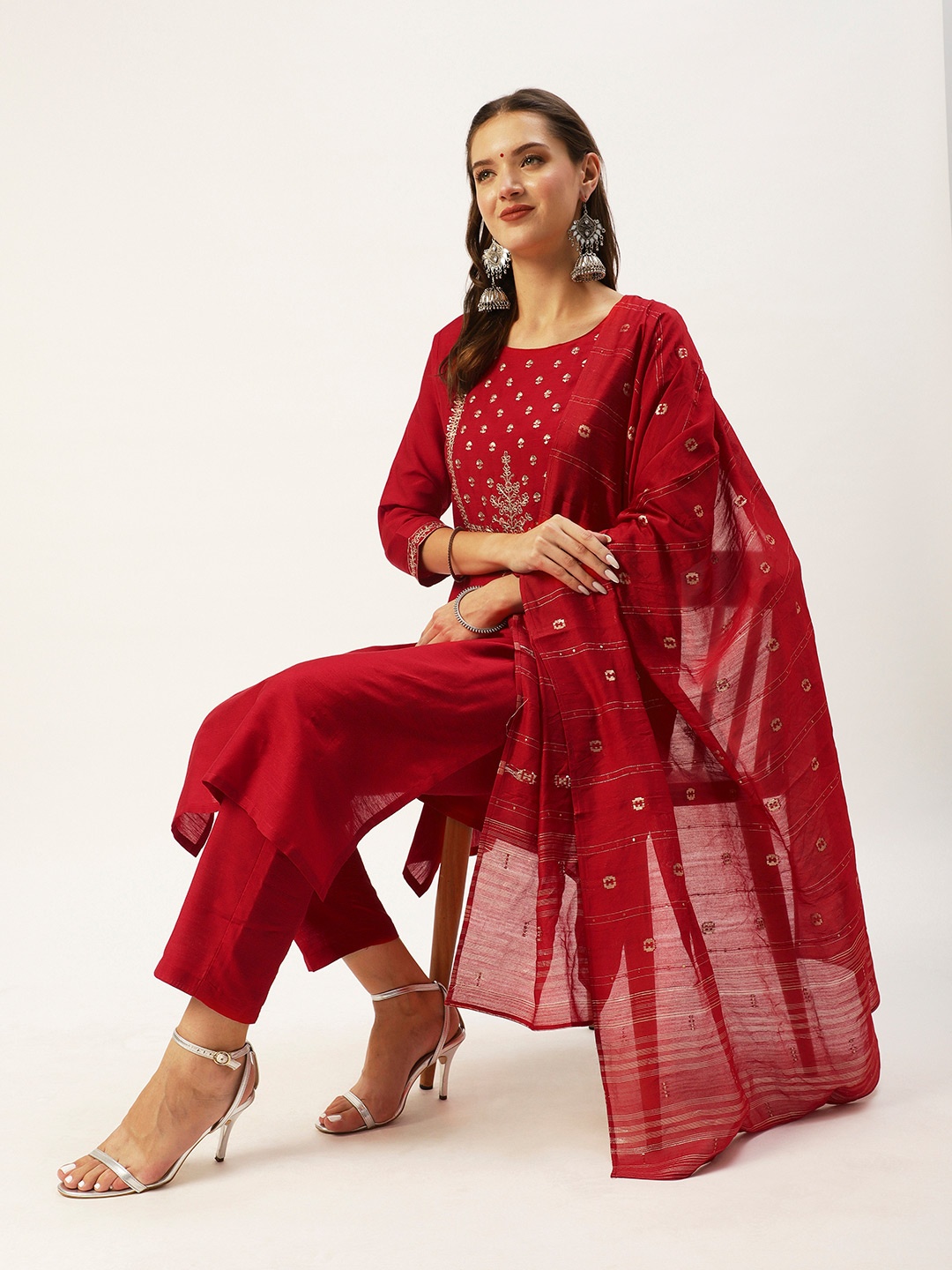 

Ishin Women Red Ethnic Motifs Yoke Design Sequinned Kurta with Trousers & With Dupatta