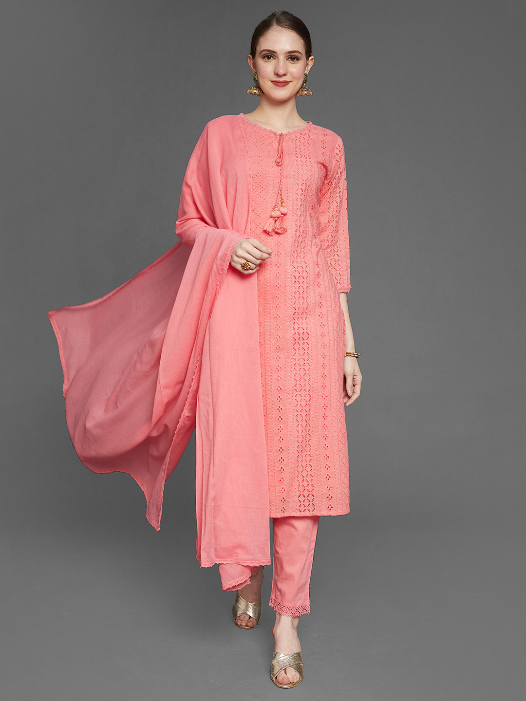 

Ishin Women Coral Self Design Pure Cotton Straight Kurta with Trousers & With Dupatta