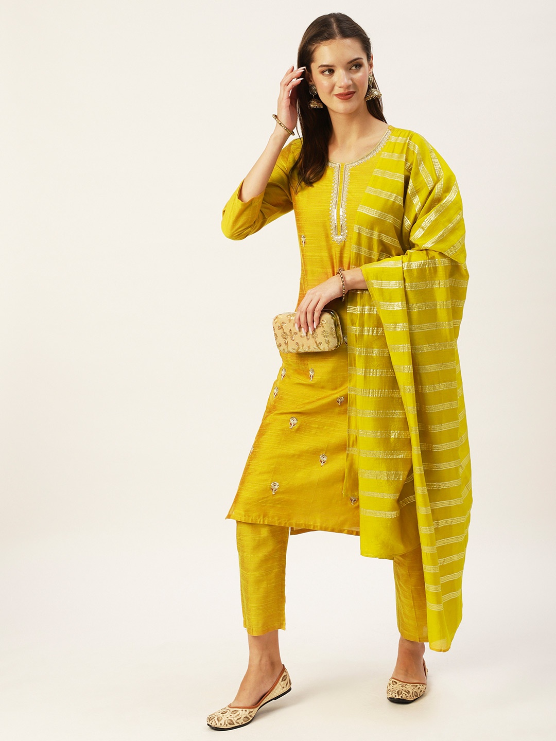 

Ishin Women Yellow Floral Embroidered Kurta with Trousers & Dupatta