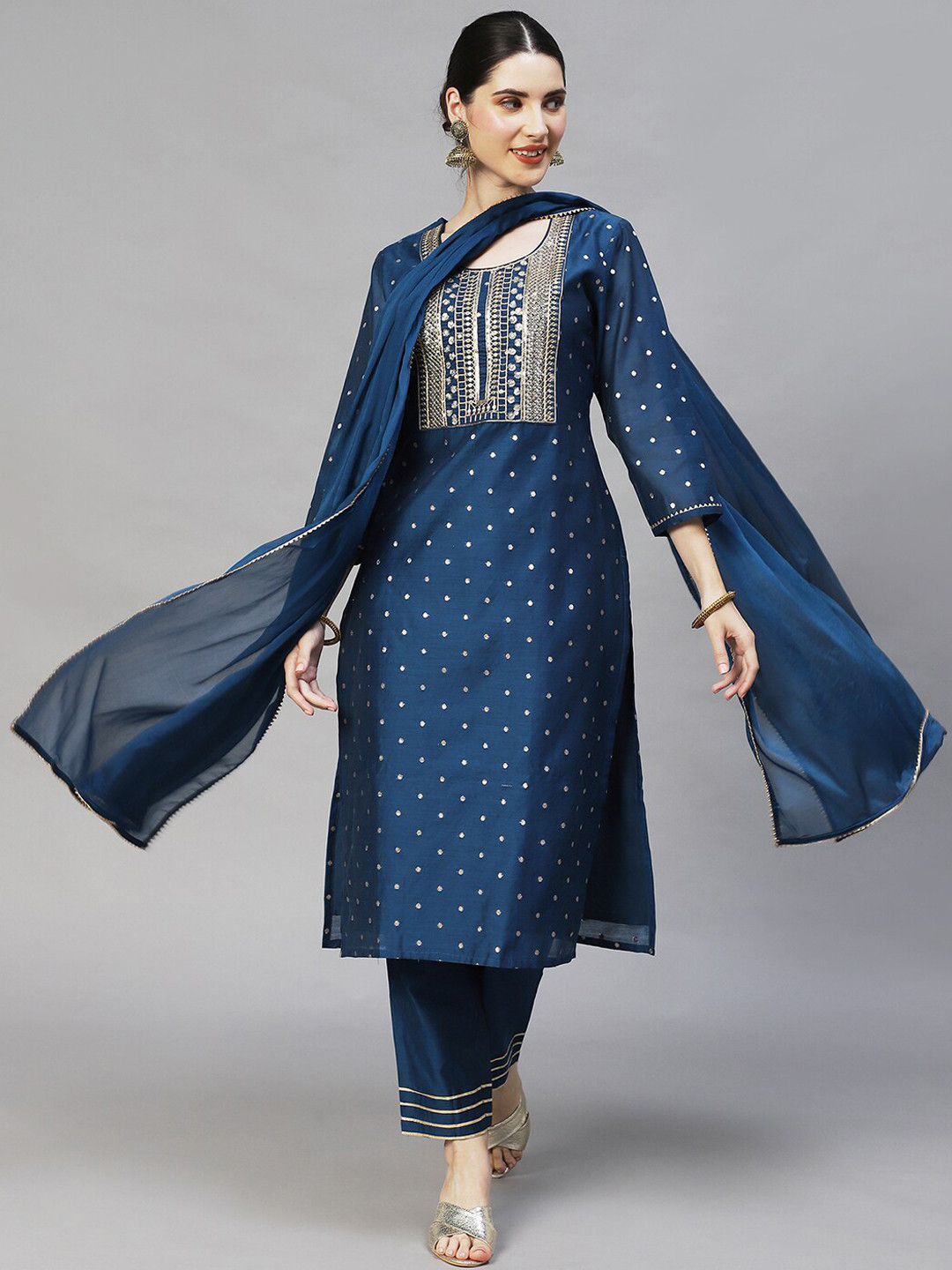 

Ishin Women Blue Floral Yoke Design Gotta Patti Kurta with Trousers & With Dupatta