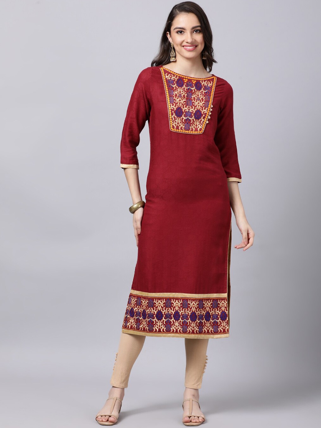 

Souchii Maroon & Yellow Thread Work Grandeur & Majestic Artwork Cotton Kurta