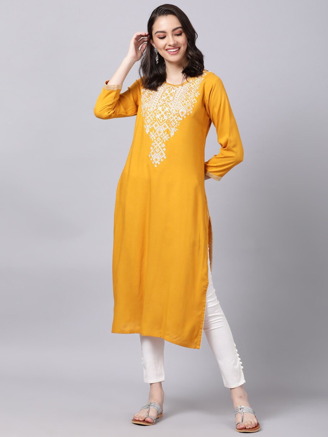 

Souchii Women Tan & White Geometric Yoke Design Thread Work Grandeur & Majestic Artwork Kurta