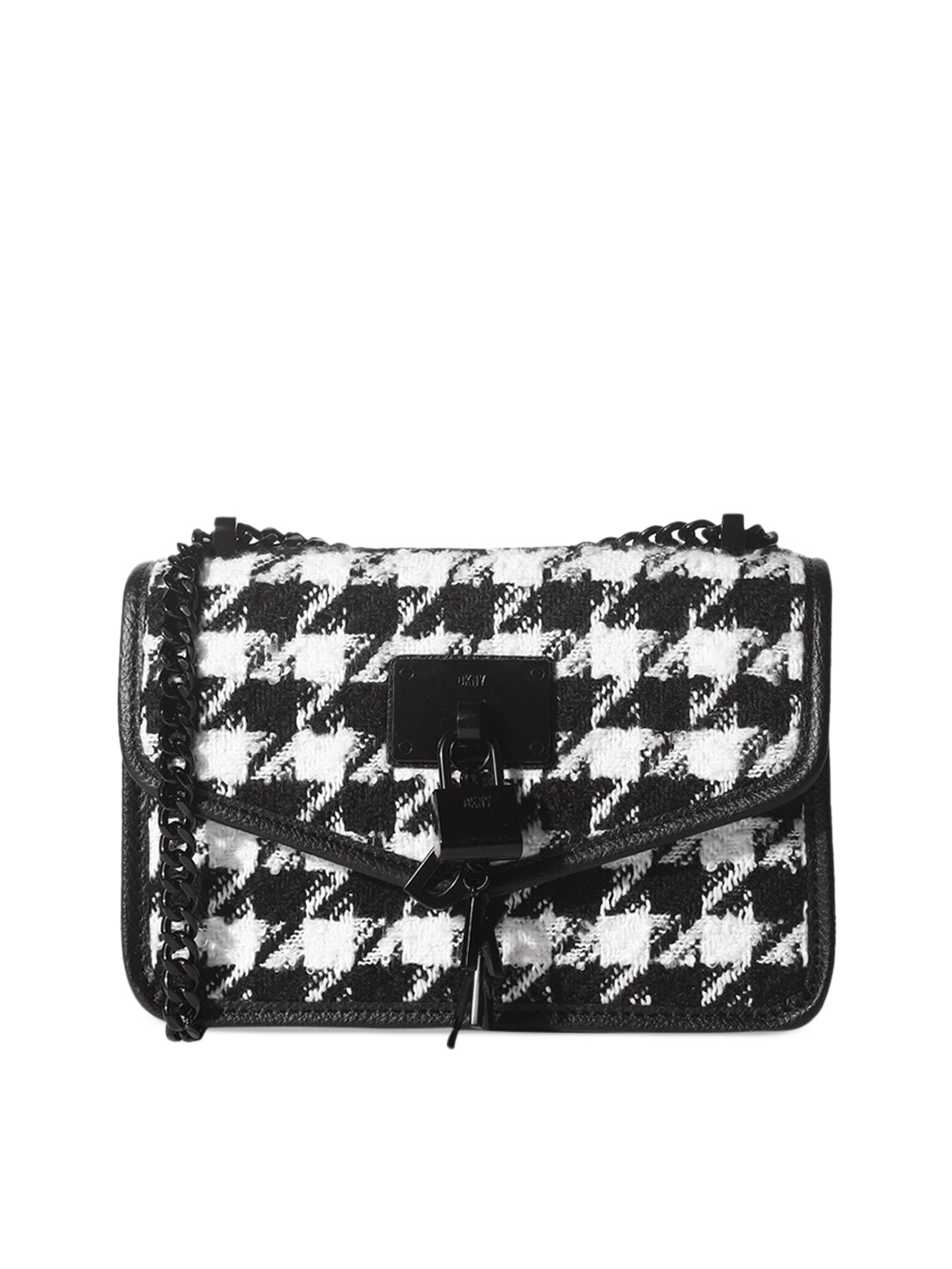 

DKNY Black & White Geometric Printed Leather Structured Satchel Handbag