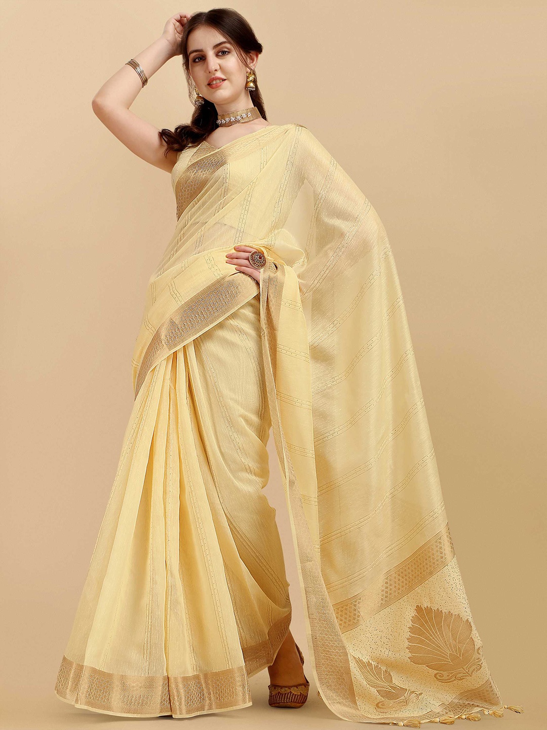 

DUNGRANI Yellow & Gold-Toned Striped Zari Silk Cotton Saree